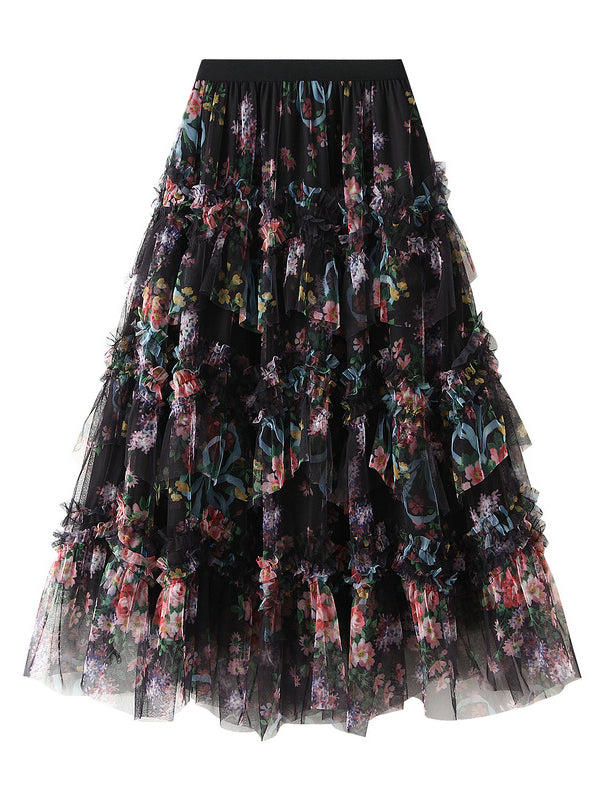 Floral Print Layered Ruffle Skirt