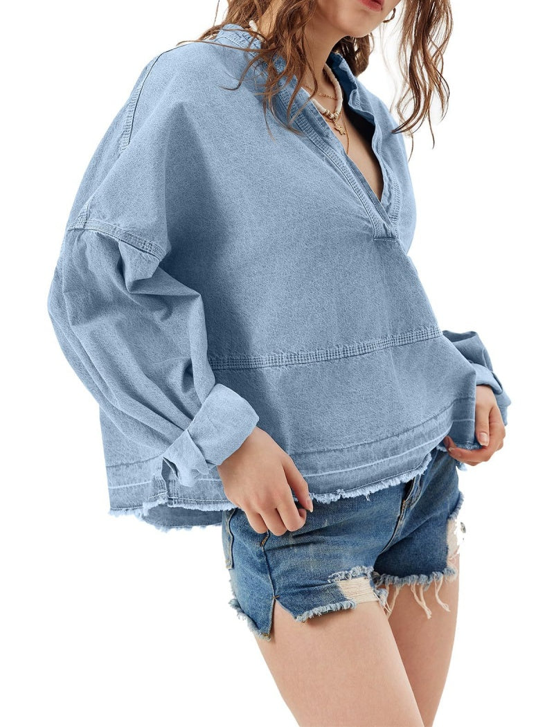 Distressed Hem Denim Pullover Top