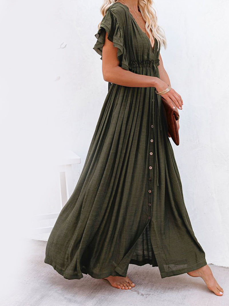 Button Front Drawstring Maxi Dress