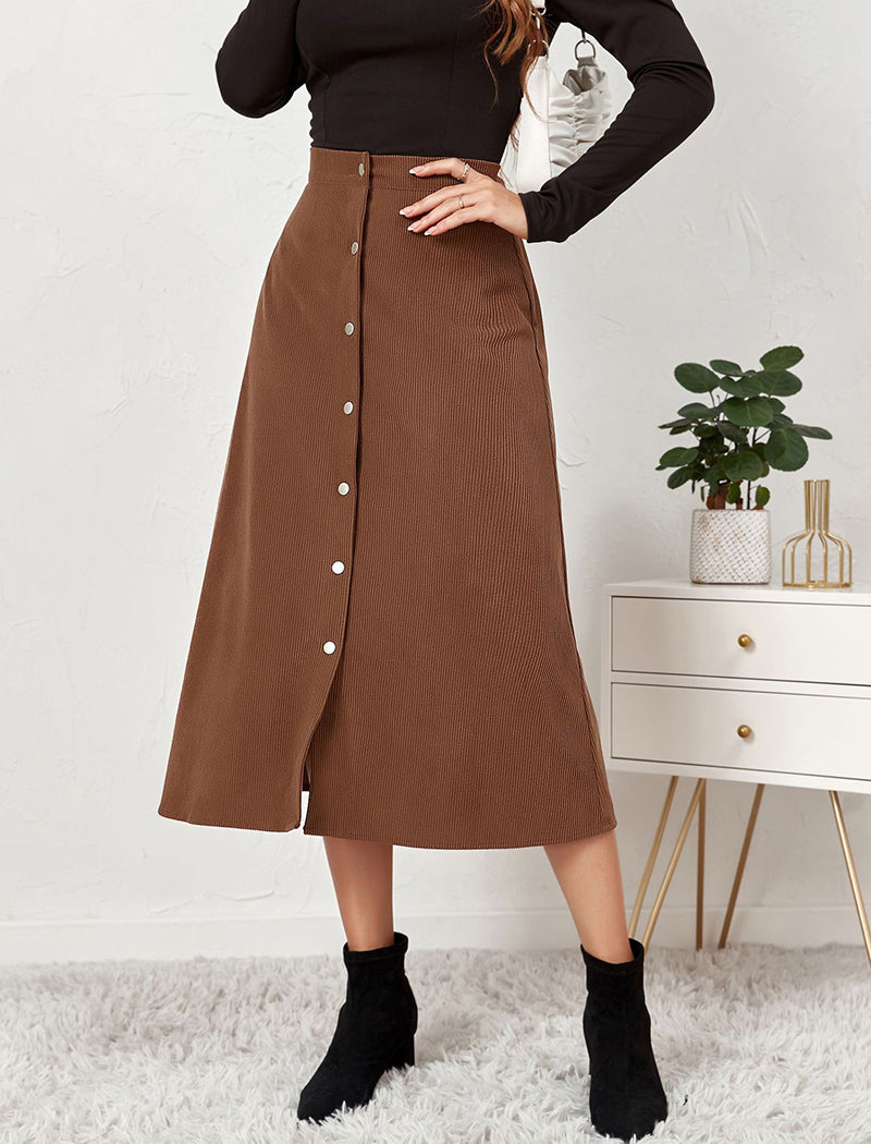 Button-Front A-Line Midi Skirt