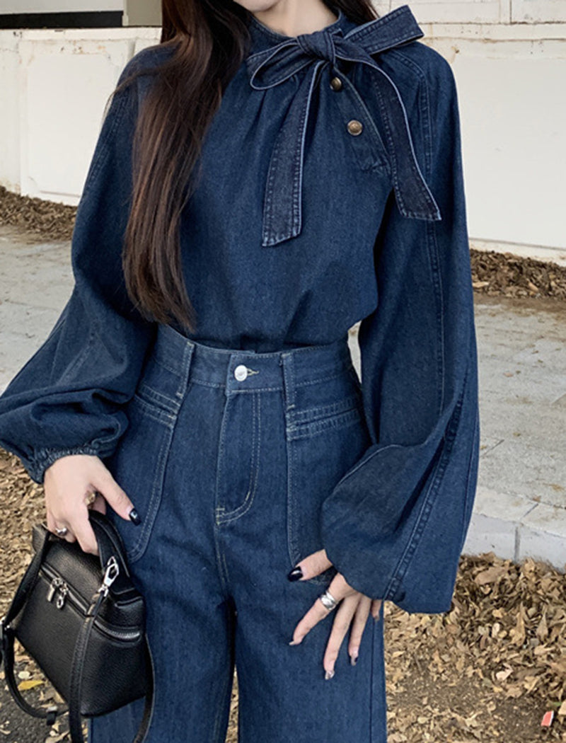 Puff Sleeve Denim Bow Tie Top