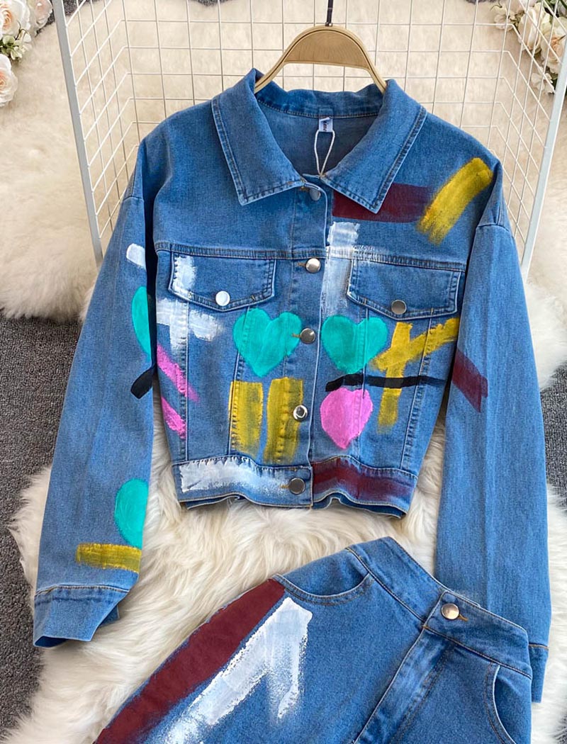 Painted Denim Jacket and Skirt Set