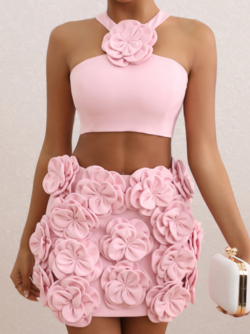 Rosette Halter Crop Top and Skirt Set