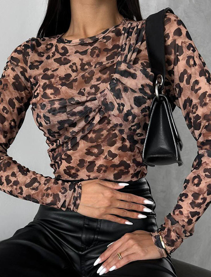 Long-Sleeve Leopard Mesh Top