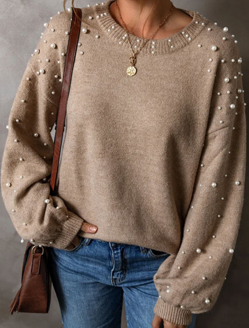 Pearl Embellished Puff-Sleeve Sweater