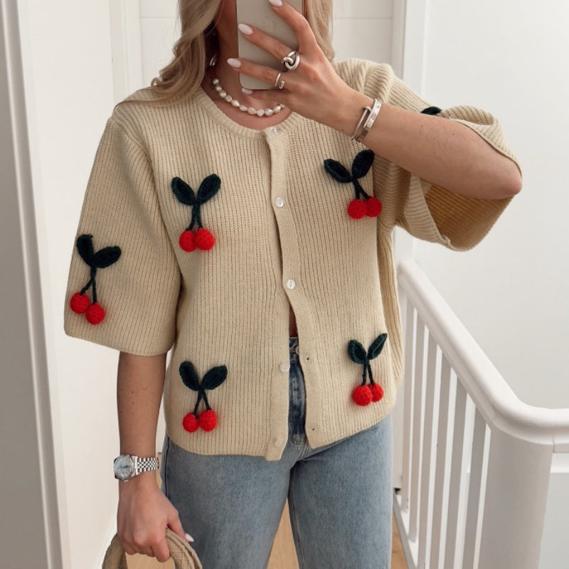 V-Neck Cherry Decor Knit Cardigan