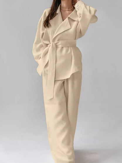 Belted Blazer and Wide-Leg Pants Set