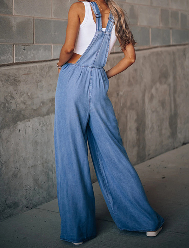 Distressed Wide-Leg Denim Overalls