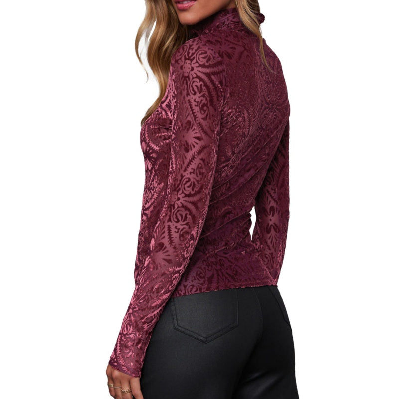 High Neck Velvet Printed Long-Sleeve Top