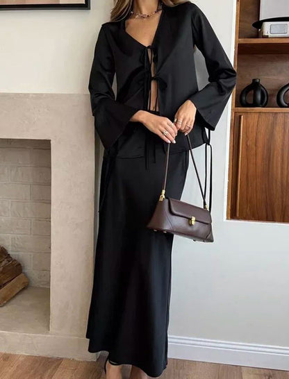 Tie-Front Bell Sleeve Top and Maxi Skirt Set