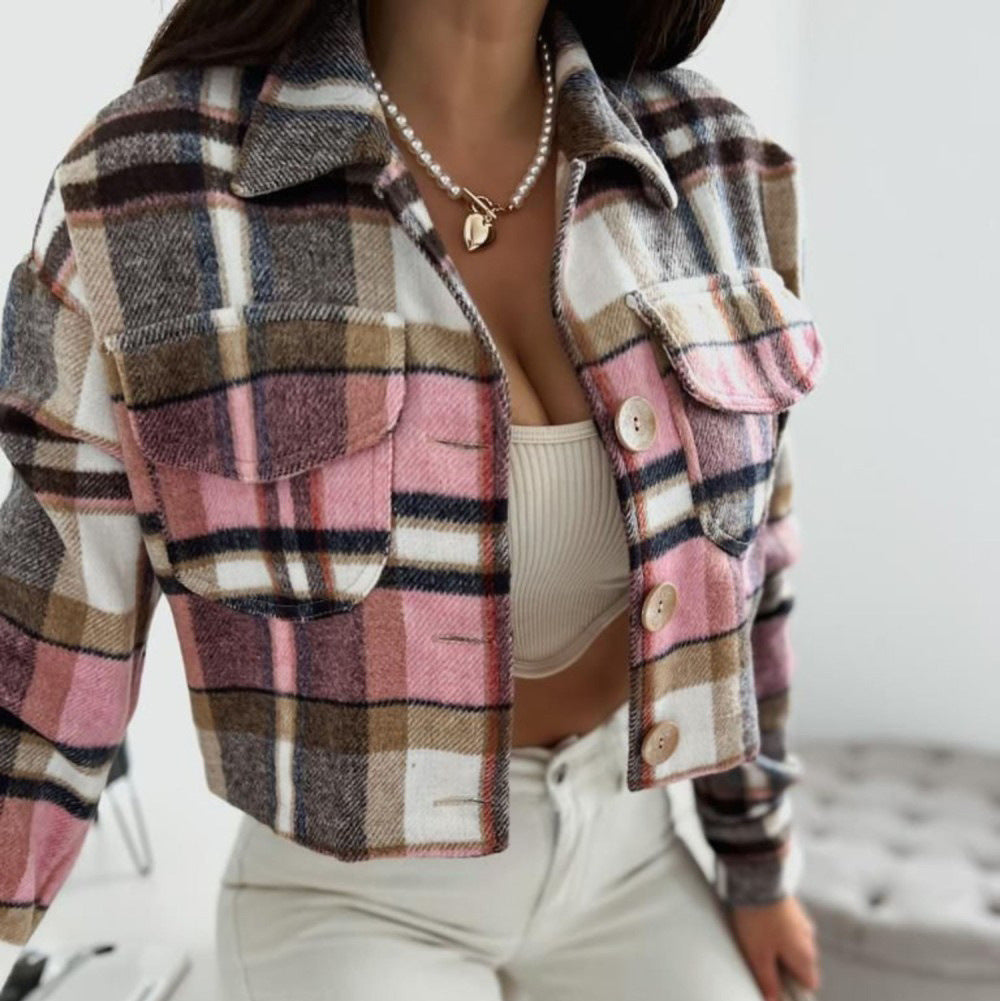 Cropped Plaid Button-Up Jacket