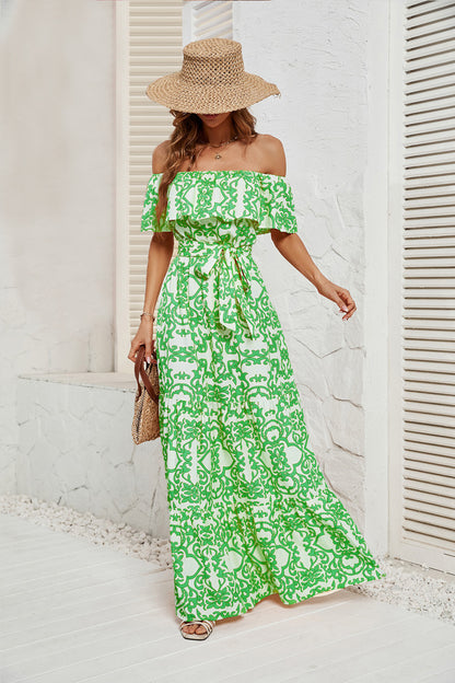 DVI407005D Off-Shoulder Belted Maxi Dress