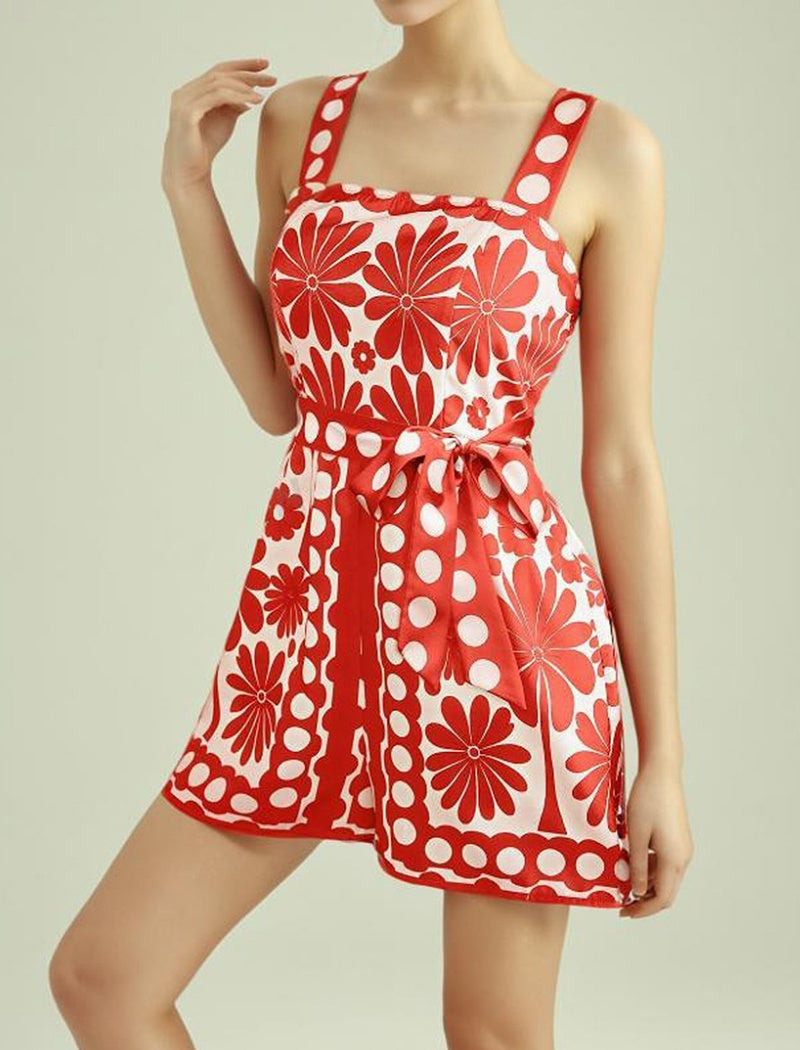 Floral Print Romper with Waist Tie