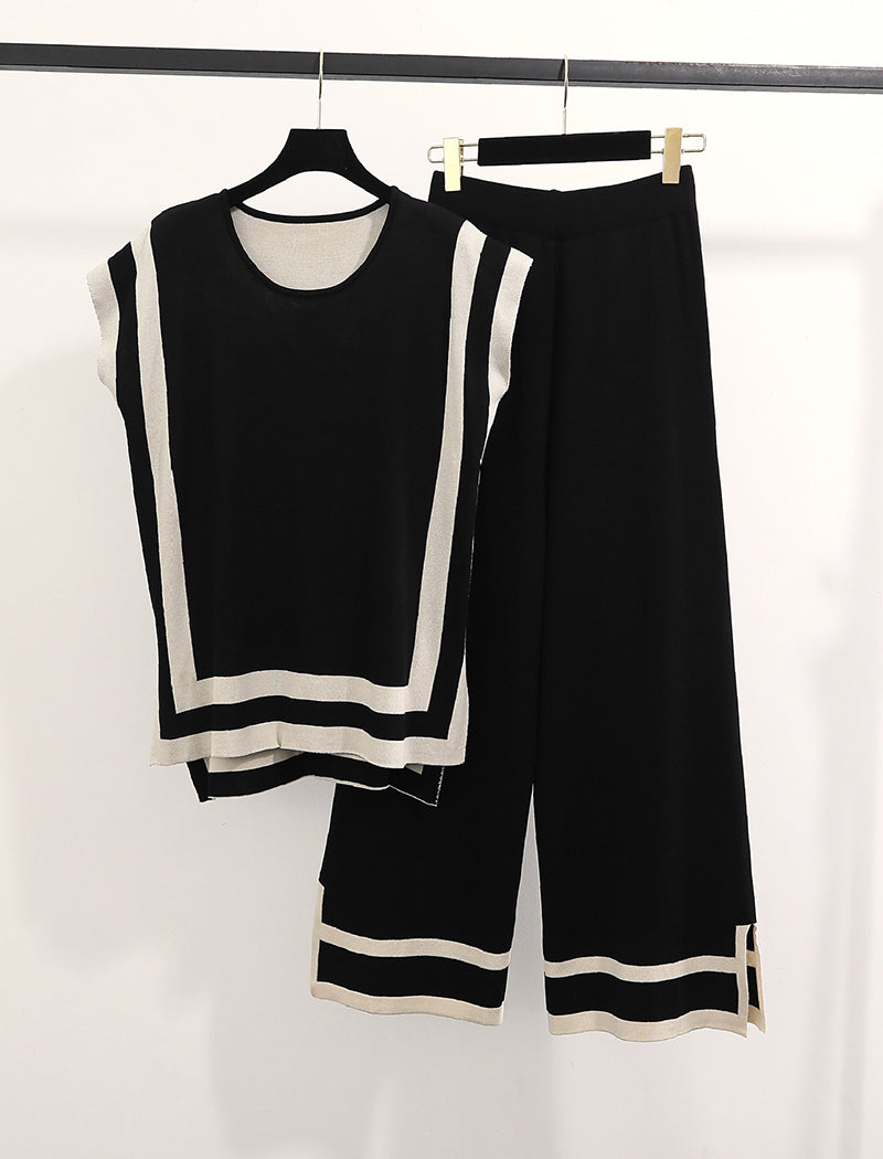 Color-Block Knit Sweater and High-Waisted Wide-Leg Pants Set