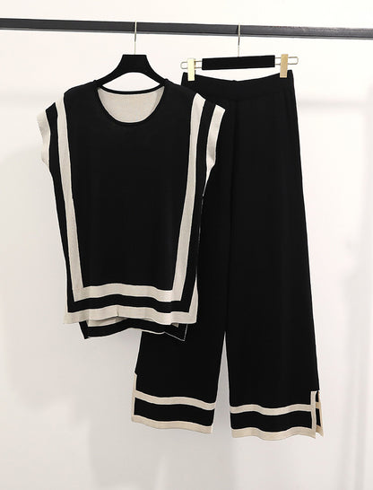 Color-Block Knit Sweater and High-Waisted Wide-Leg Pants Set