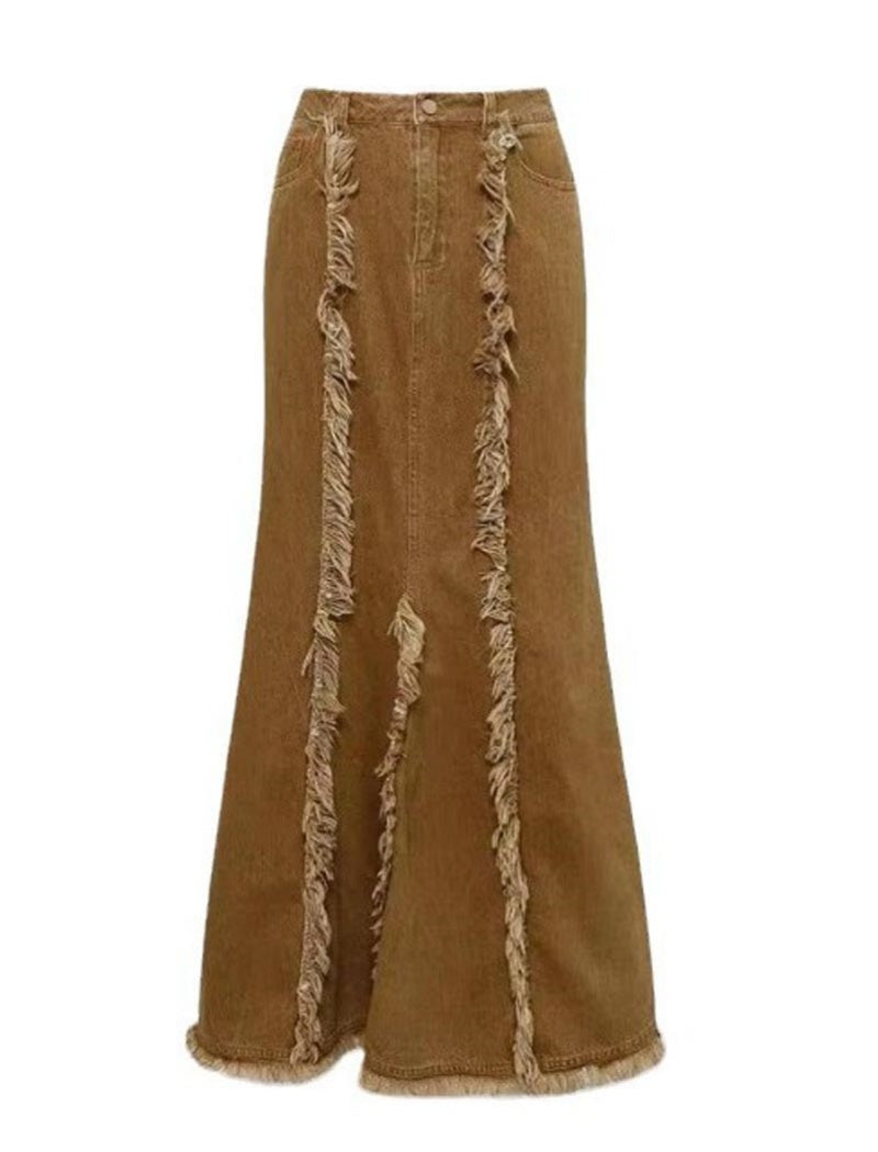 Frayed Hem Flared Midi Skirt