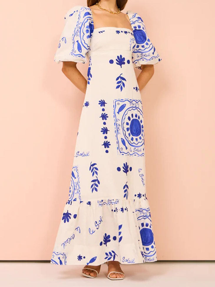 Floral Print Puff Sleeve Maxi Dress