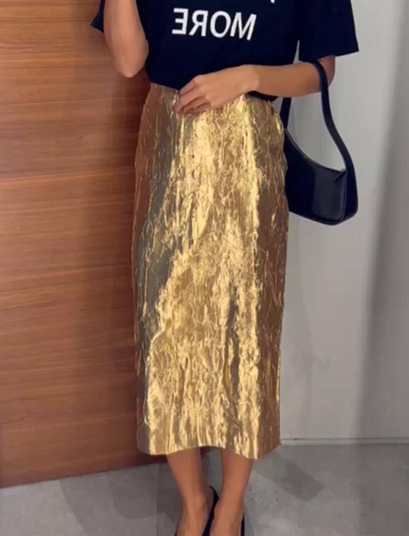 High-Rise Metallic Midi Skirt