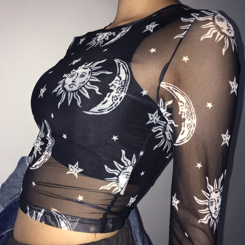 Mesh Long Sleeve Crop Top with Moon and Star Print