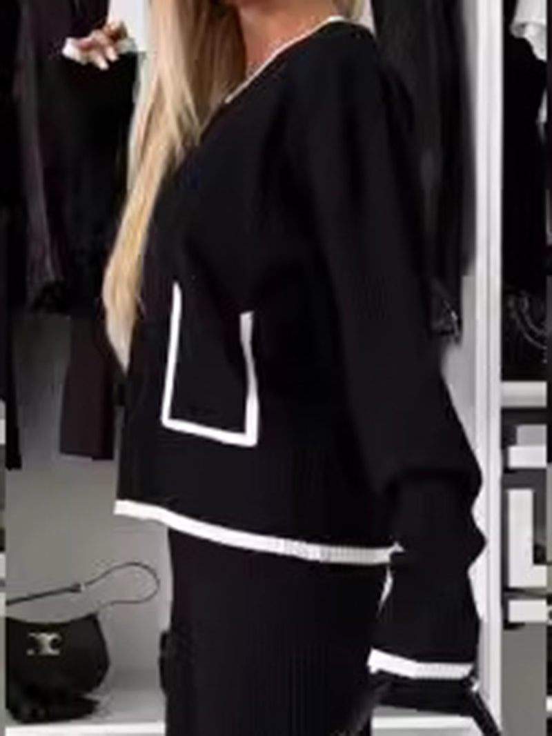 Contrast Trim Ribbed Sweater and Wide-Leg Split-Hem Pants Set