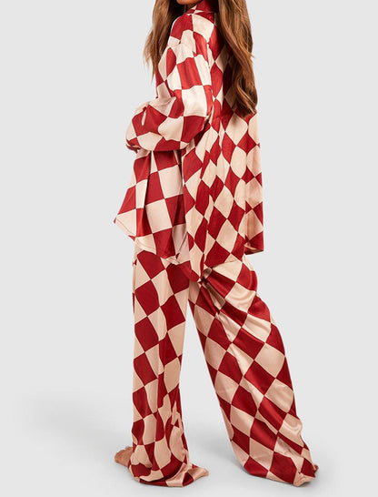 Checkerboard Print Satin Pajama Set