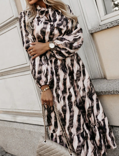 Printed Tie-Waist Long Sleeve Midi Dress