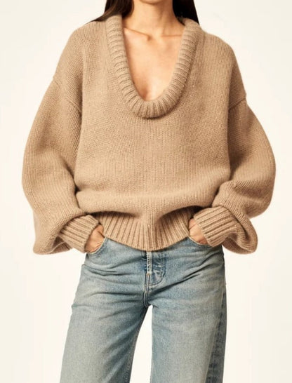 Deep V-Neck Ribbed Knit Top