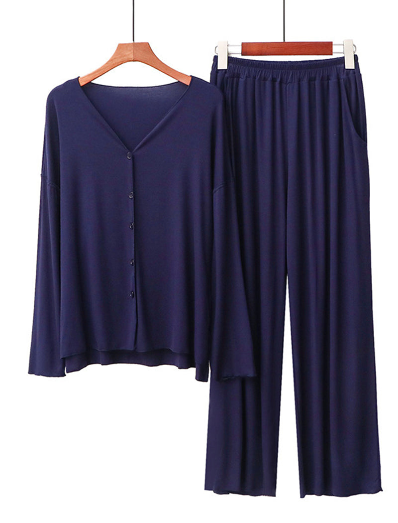 Long Sleeve Ruffle Trim Cardigan and Pants Loungewear Set