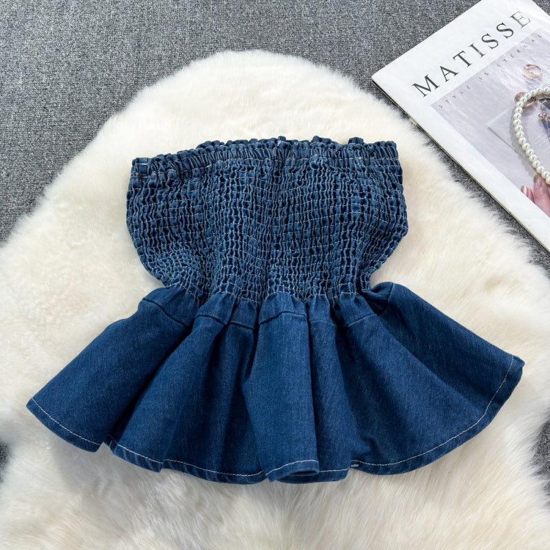 Smocked Denim Tube Top with Peplum Hem