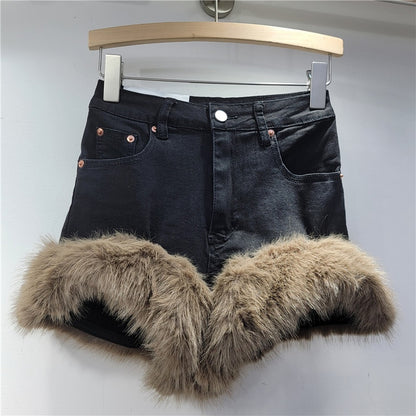 Faux Fur Trim High-Waisted Denim Shorts