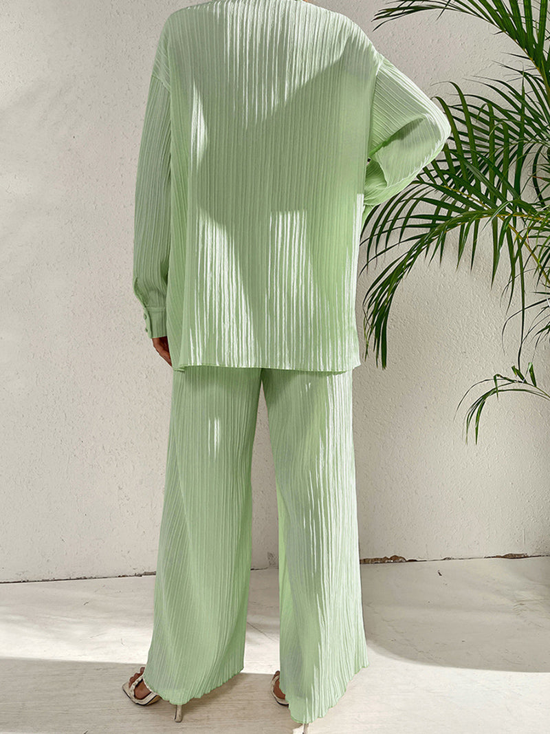 Pleated Button-Up Shirt and Wide-Leg Pants