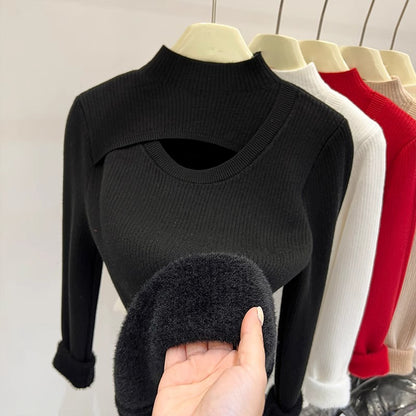 Fleece-Lined Mock Neck Cutout Sweater