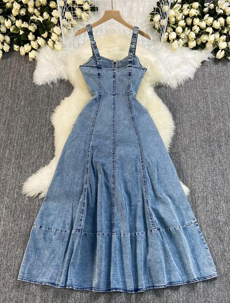 Denim Zip Up Backless Midi Dress