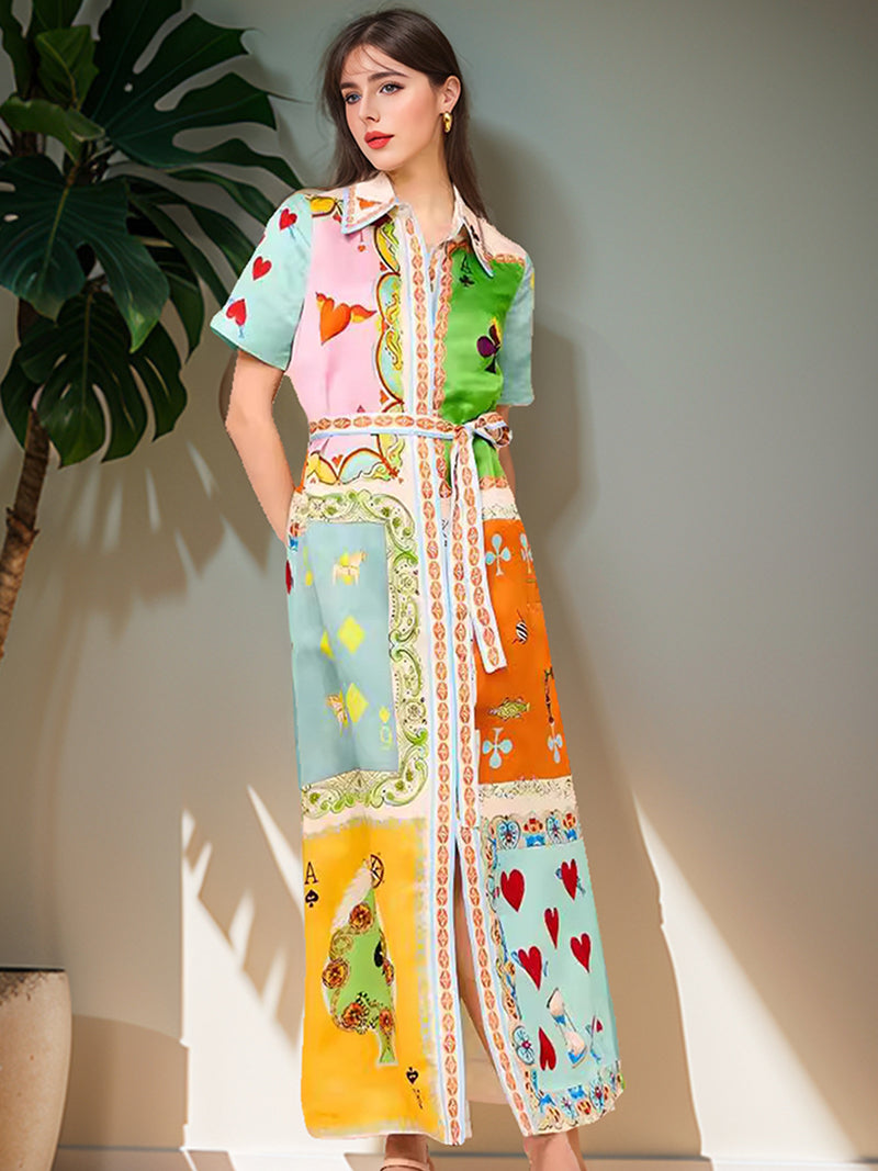 Patchwork Graphic Print Belted Maxi Dress