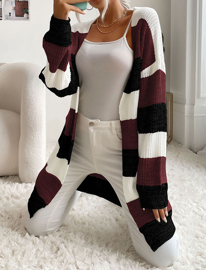 Striped Open-Front Knit Cardigan