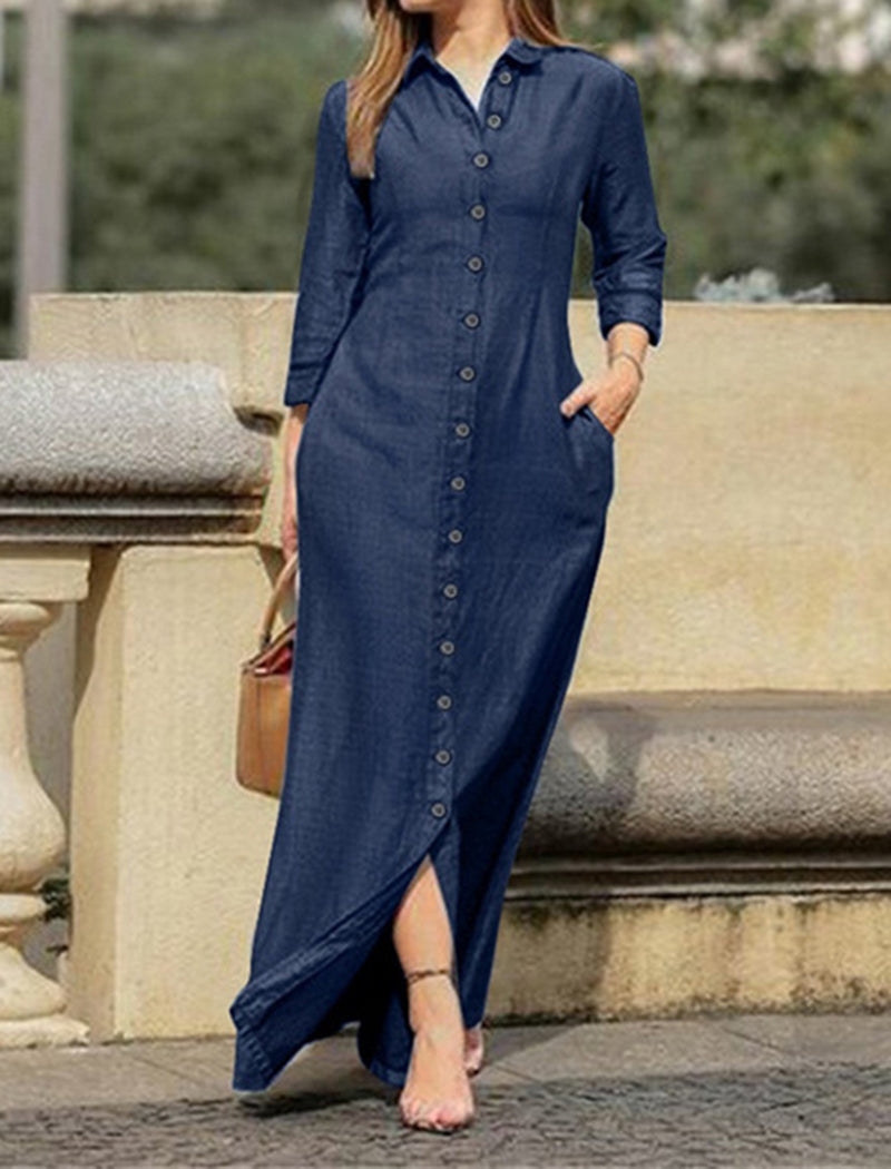 Long-Sleeve Buttoned Denim Dress