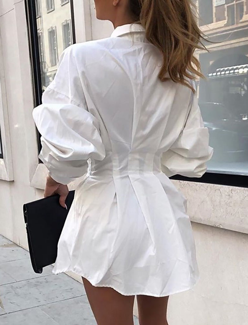 Collared Ruffle Waist Solid Shirt Dress