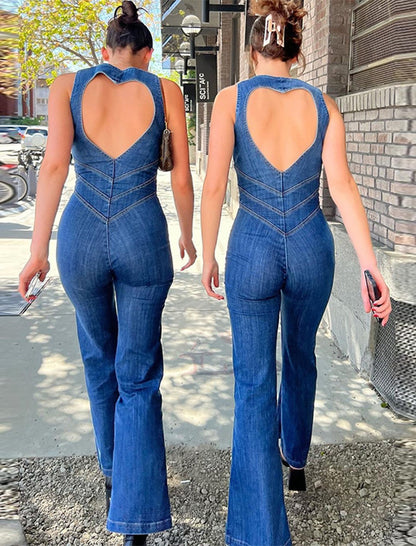 Zip-Front Denim Flared Jumpsuit