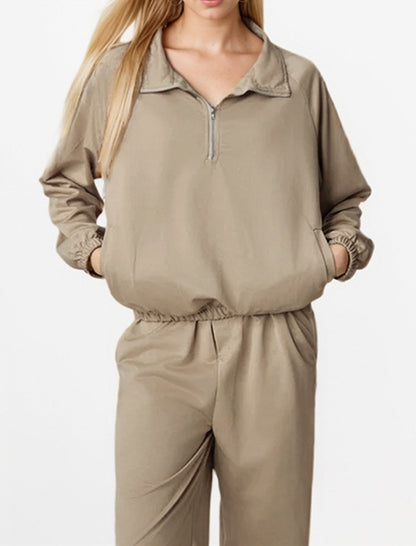 Casual Collared Zip-Up Long Sleeve Top and Pants Set