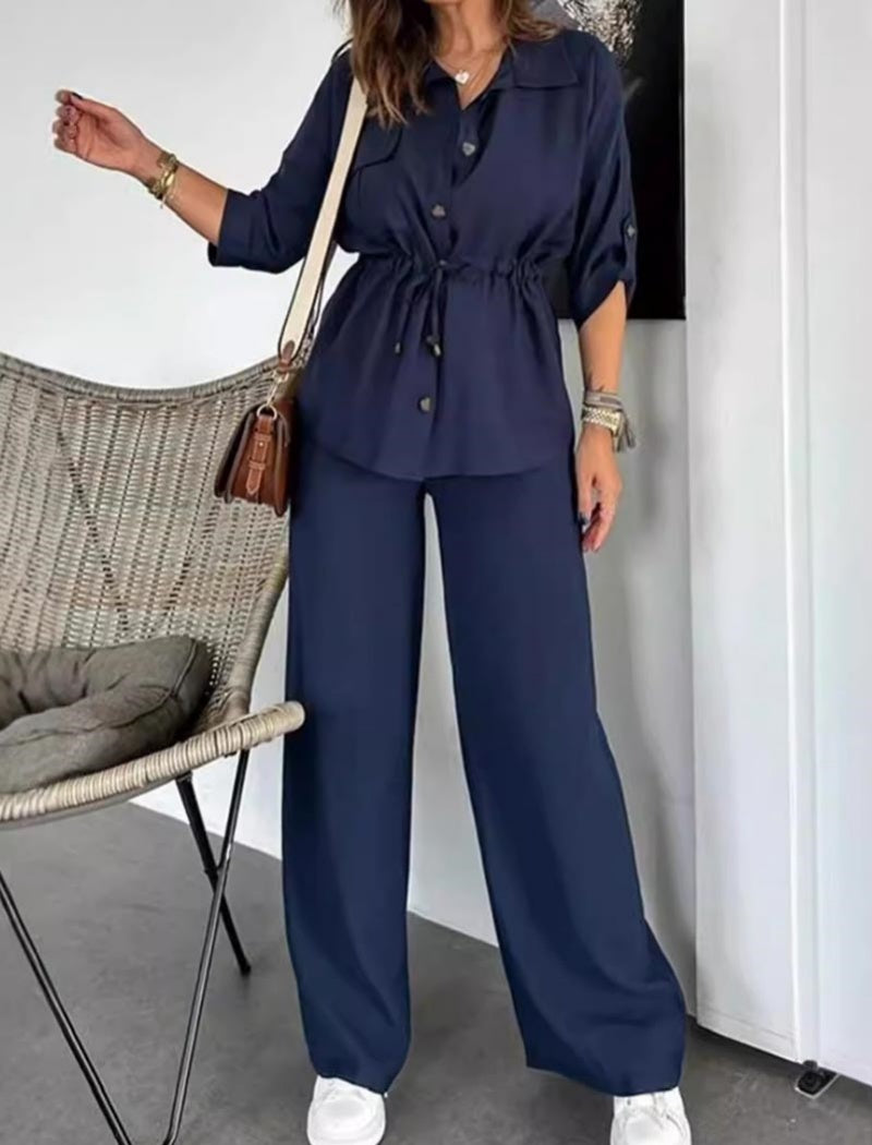 Loose Casual Drawstring Pocket Button Set