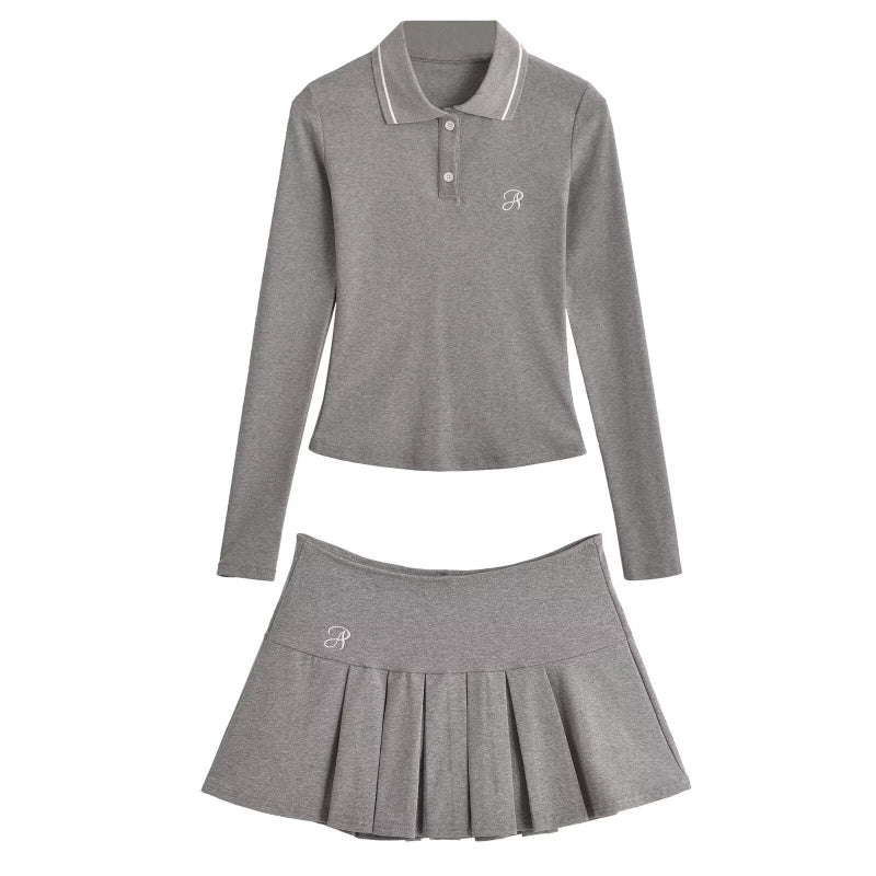 Polo Collar Colorblock Long Sleeve Top and Pleated Skirt Set