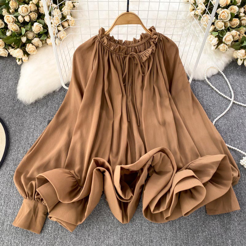 Loose Fit Ruffle Hem Chiffon Blouse