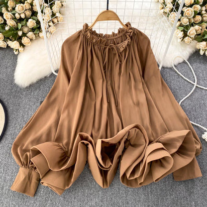 Loose Fit Ruffle Hem Chiffon Blouse