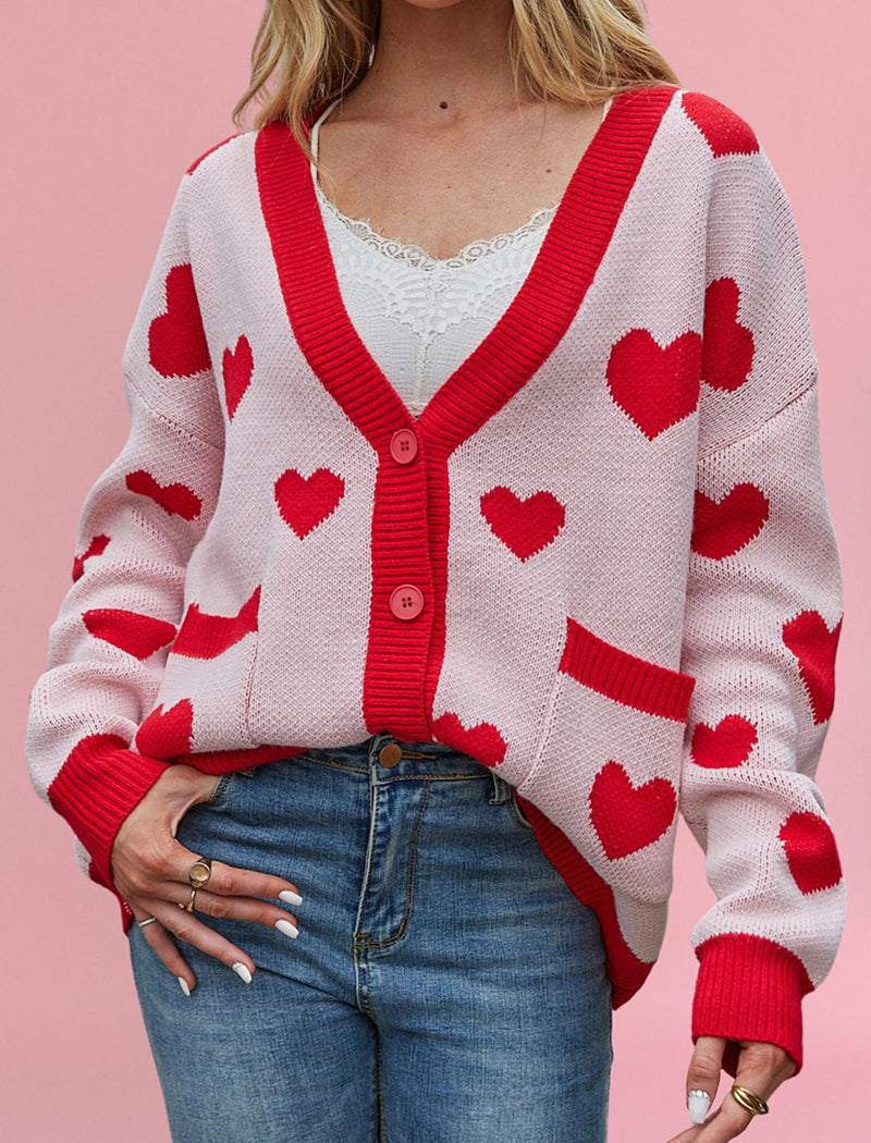 Button-Up Cardigan with Heart Accents