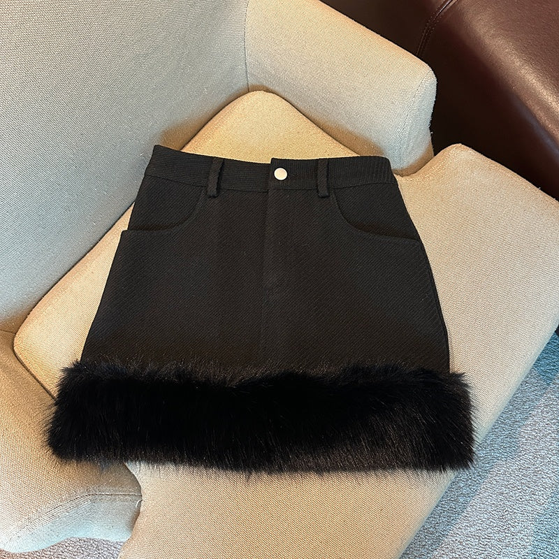 Fur Trim Mini Skirt with High-Waist Fit