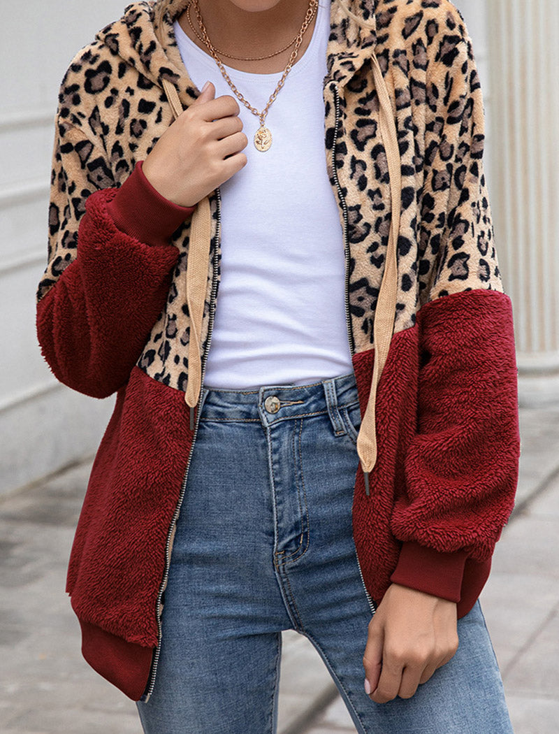 Leopard Print Sherpa Zip-Up Hoodie