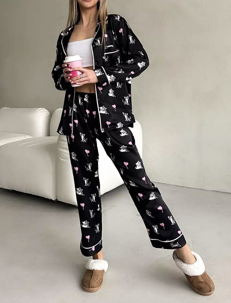 Satin Pajama Set with Cat Print