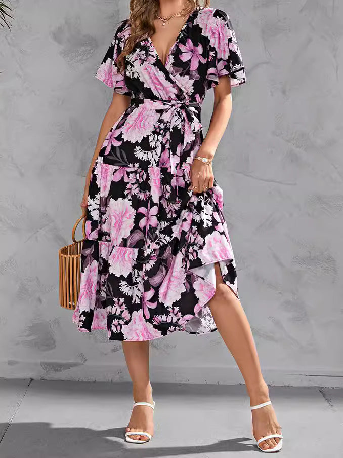 Floral Print Self-Tie Midi Dress