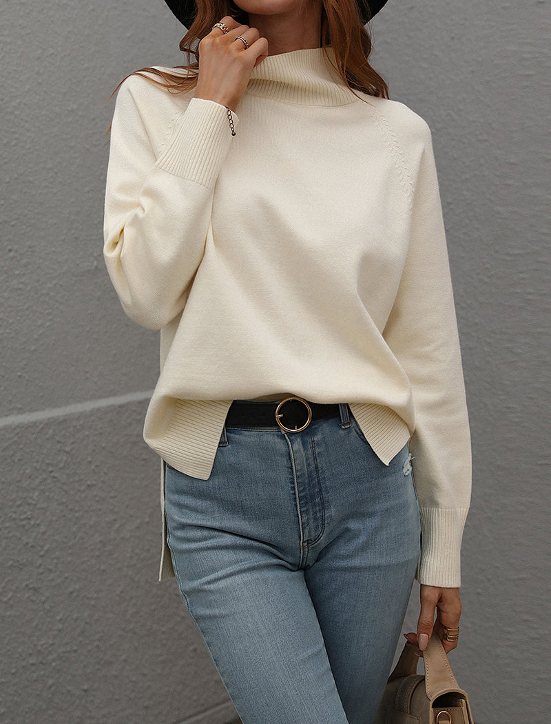 Solid High-Neck Knit Sweater with Side Slits