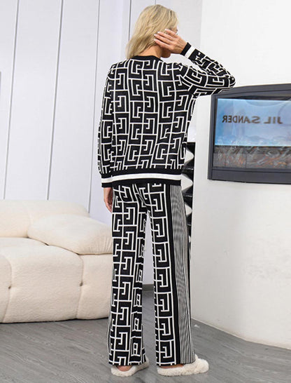 Geometric Pattern Top and Wide-Leg Pants Set